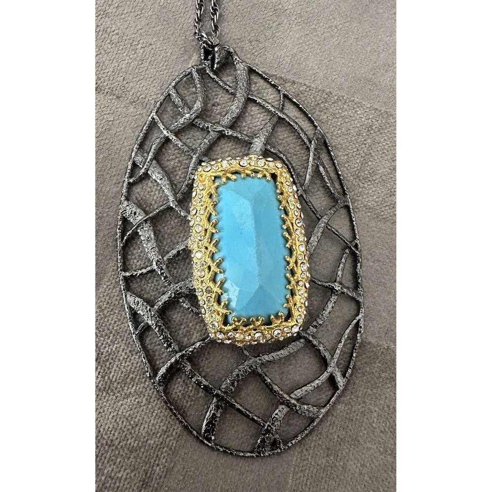 Alexis Bittar Statement Pendant Necklace Turquoise Pave Crystal Oval Gunmetal‎
